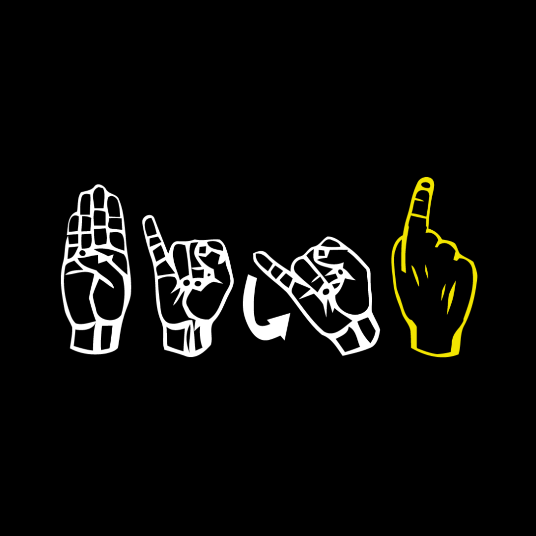 Vier geïllustreerde handen die gebaren maken. De eerste drie zijn wit, de vierde geel. Er staat BIJ1 in gebarentaal.