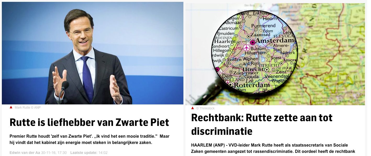 Links een bericht uit 2016 van AD: 'Rutte is liefhebber van zwarte piet' en rechts een bericht uit 2007 'Rutte zette aan tot discriminatie