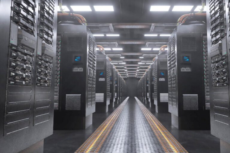 Serverruimte met grote zwarte racks